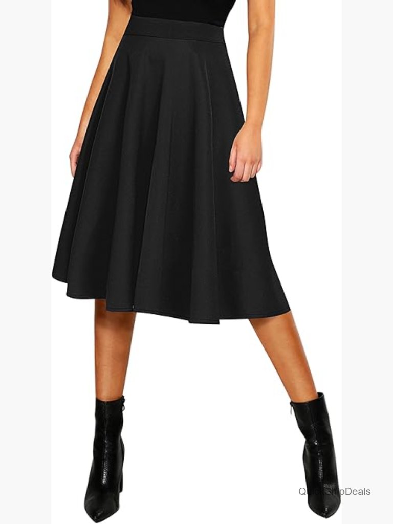 Polyester Spandex Elastic Waist A-Line Midi Skirt